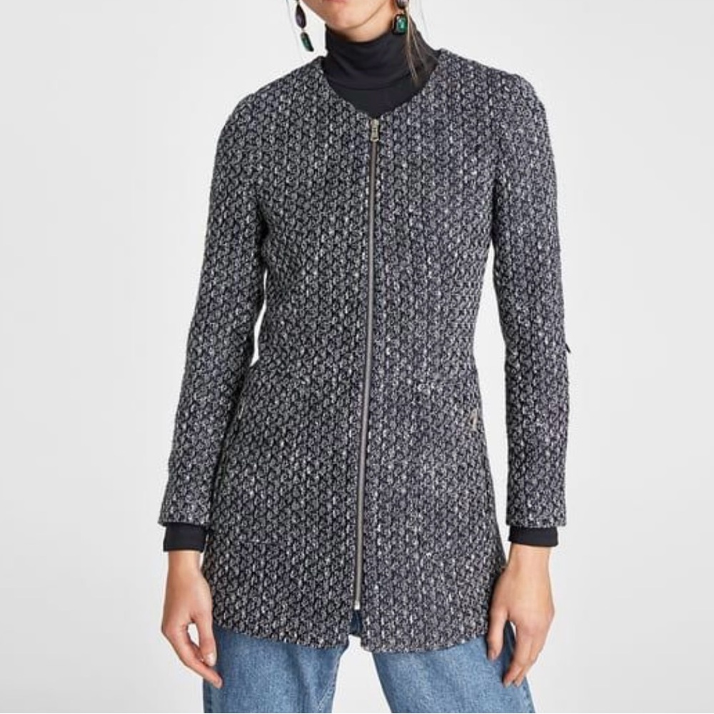 Zara Women's Textured Tweed like  Blazer Jacket Navy White Front Pockets Small